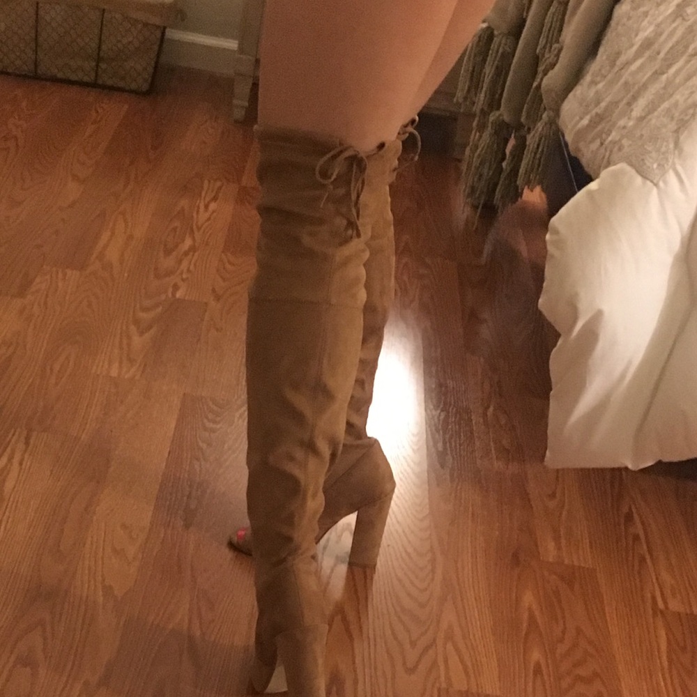 Steve Madden thigh high brow lace up open toe boot